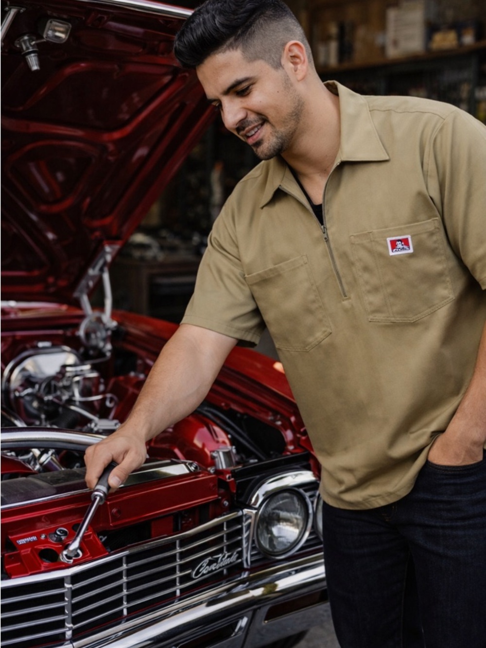 Ben Davis Short-Sleeve Zip Polo in Khaki